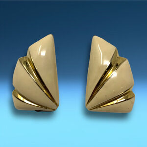 Vintage 1980's Gold & Ivory Enamel Fan Shaped Clip On Earrings Couture Runway